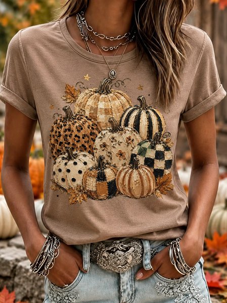 Women Pumpkin Pattern Short Sleeve Tee T-shirt Crew Neck Casual Summer Top