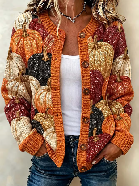 Women Halloween (pumpkin) Printing Long Sleeve Crew Neck Vintage Spring/Fall Cardigan Outerwear