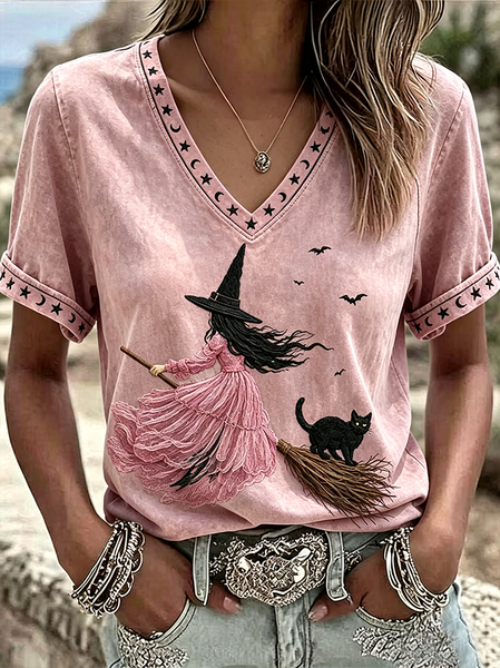 Women Cat Short Sleeve Tee T-shirt V Neck Printing Vintage Summer Top