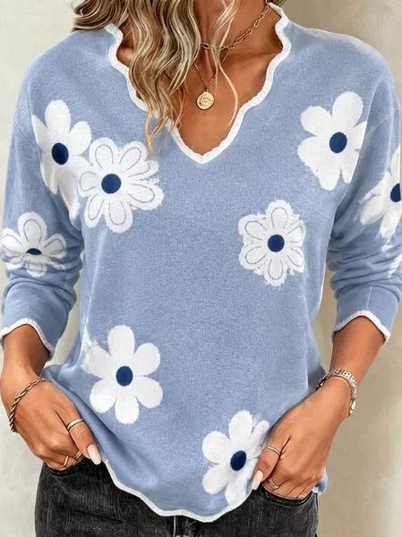 Women Floral Long Sleeve Tee T-shirt V Neck Casual Spring/Fall Top