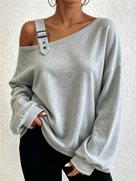 Women Plain Asymmetrical Buckle Casual Spring/Fall Long Sleeve Sweatshirt