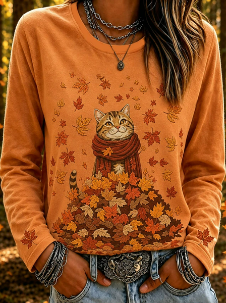Women Cat Long Sleeve Tee T-shirt Crew Neck Printing Casual Spring/Fall Top