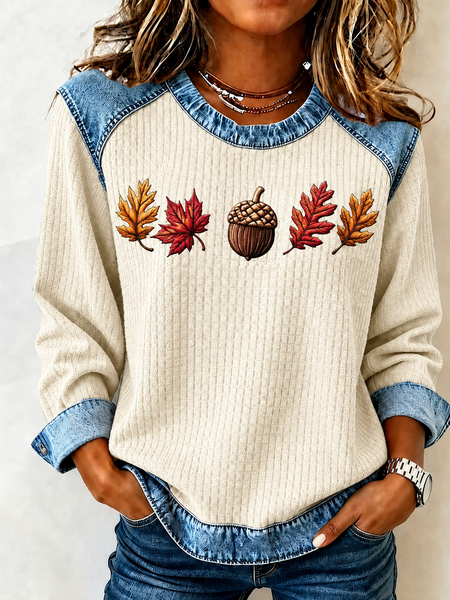 Women Maple Leaf Crew Neck Printing Casual Spring/Fall Long Sleeve Sweatshirt