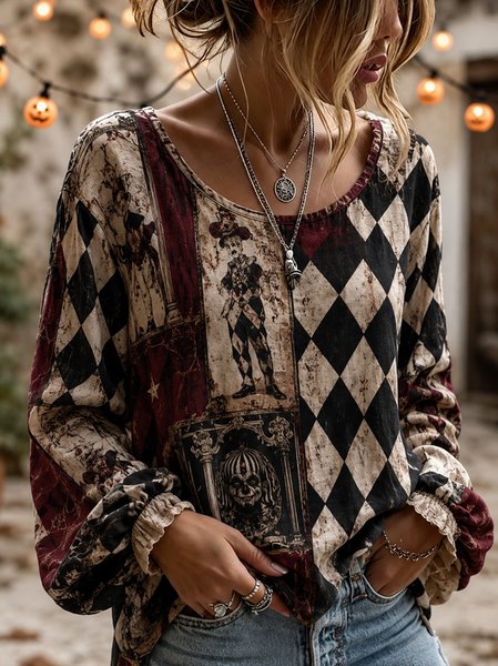 Women Plaid Crew Neck Long Sleeve Blouse Printing Vintage Daily Spring/Fall Top