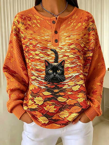 Women Cat Crew Neck Printing Casual Spring/Fall Long Sleeve Sweatshirt