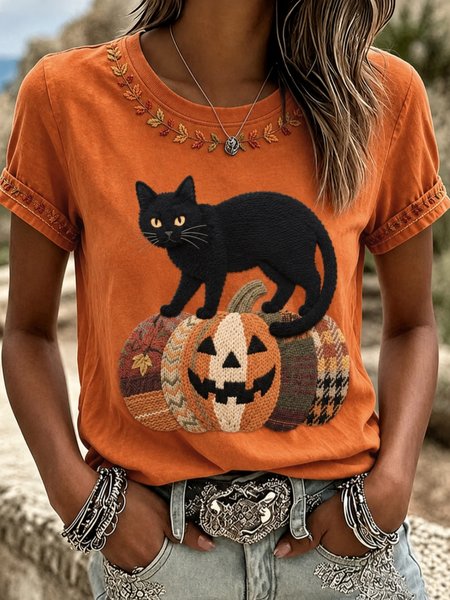 Women Cat Short Sleeve Tee T-shirt Crew Neck Printing Casual Summer Top