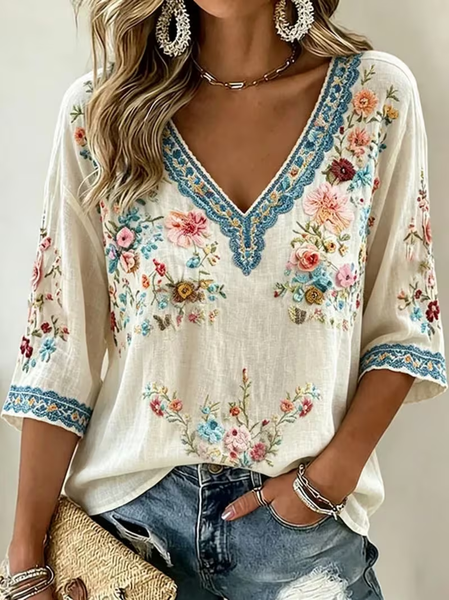 Casual Floral V Neck Half Sleeve T-shirt