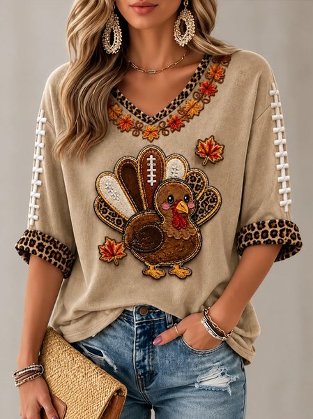 Women Leopard Half Sleeve Tee T-shirt V Neck Casual Summer Top