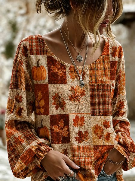 Women Plaid Crew Neck Long Sleeve Blouse Printing Vintage Daily Spring/Fall Top