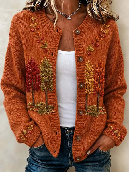 Women Maple Leaf Printing Long Sleeve Crew Neck Vintage Spring/Fall Cardigan Outerwear