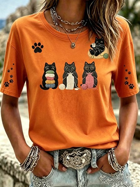 Women Cat Short Sleeve Tee T-shirt Crew Neck Casual Summer Top