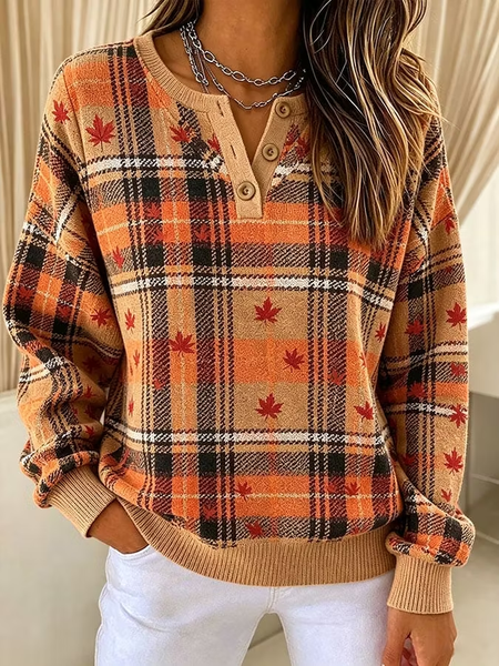 Women Plaid Long Sleeve Tee T-shirt Henley Collar Casual Spring/Fall Top