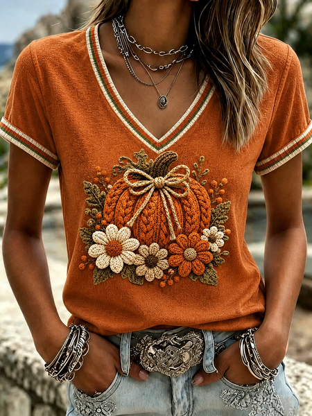 Women Pumpkin Pattern Short Sleeve Tee T-shirt V Neck Vintage Summer Top