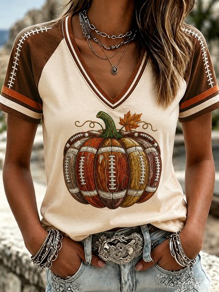 Women Pumpkin Pattern Short Sleeve Tee T-shirt Crew Neck Casual Summer Top
