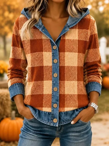 Women Plaid Long Sleeve Hoodie Vintage Spring/Fall Cardigan Outerwear