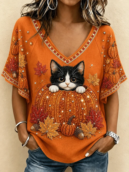 Women Cat Short Sleeve Tee T-shirt V Neck Casual Summer Top