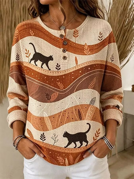 Women Leaf Henley Collar Vintage Spring/Fall Long Sleeve Sweatshirt