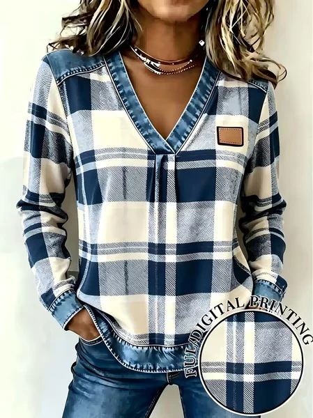 Women Geometric V Neck Vintage Spring/Fall Long Sleeve Sweatshirt