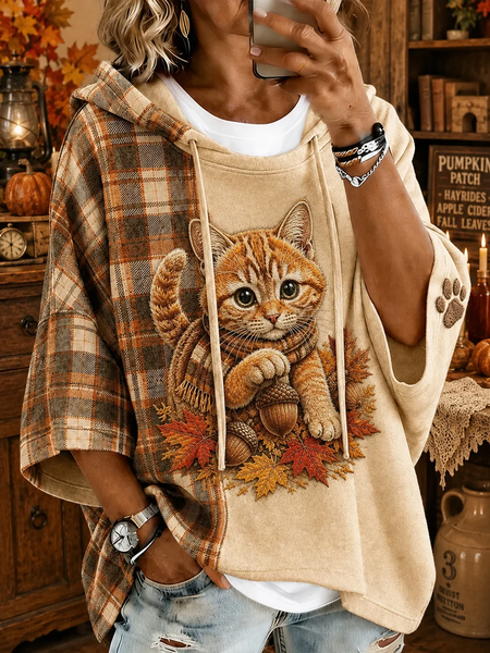 Women Cat Half Sleeve Casual Holiday Spring/Fall Hoodie