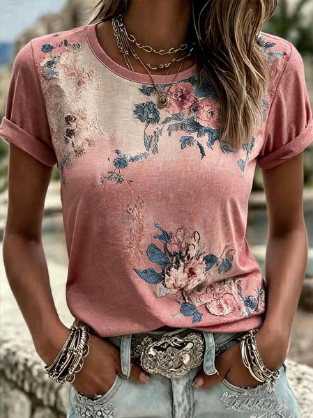 Women Floral Short Sleeve Tee T-shirt Crew Neck Casual Summer Top