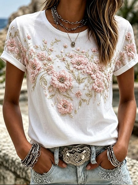 Women Floral Short Sleeve Tee T-shirt Crew Neck Casual Summer Top