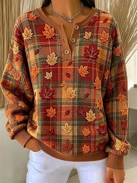 Women Geometric Henley Collar Vintage Spring/Fall Long Sleeve Sweatshirt