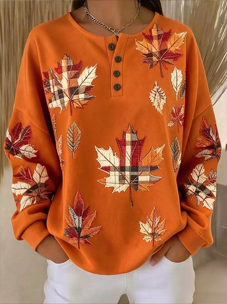Women Maple Leaf Henley Collar Casual Spring/Fall Long Sleeve Sweatshirt