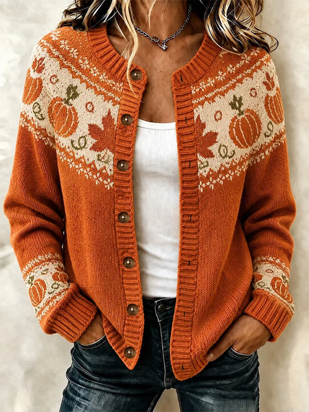 Women Maple Leaf Printing Long Sleeve Crew Neck Vintage Spring/Fall Cardigan Outerwear