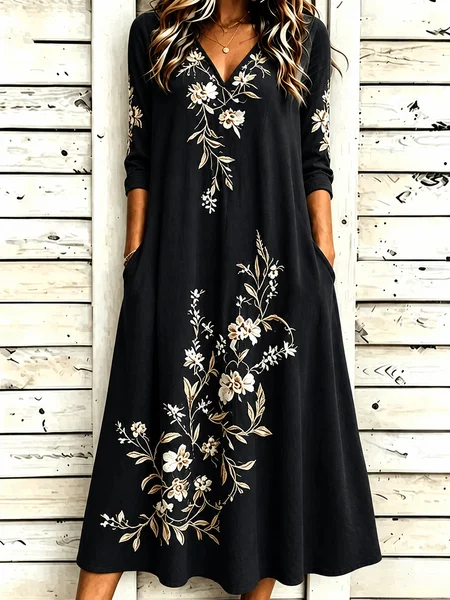Women Floral Spring/Fall Dress V Neck Three Quarter Sleeve A-Line Dress