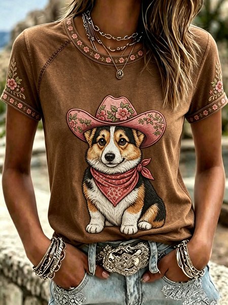 Women Dog Short Sleeve Tee T-shirt Crew Neck Casual Summer Top