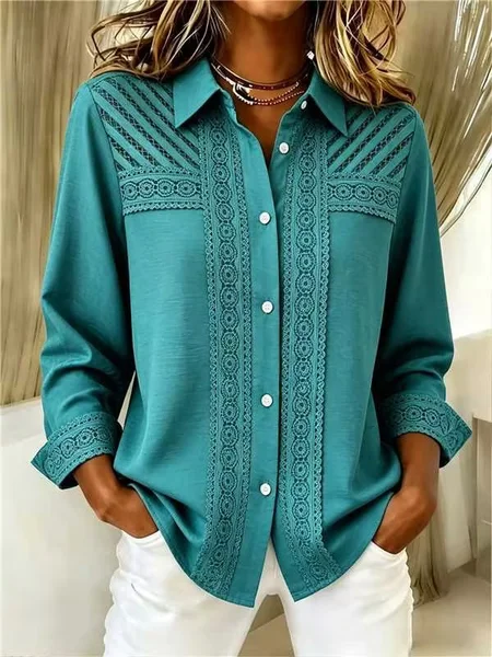 Women Floral Shawl Collar Long Sleeve Shirt Vintage Daily Spring/Fall Top