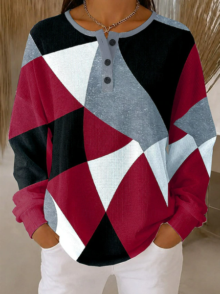 Women Abstract Graphic Henley Collar Vintage Spring/Fall Long Sleeve Sweatshirt