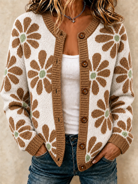 Women Floral Printing Long Sleeve Crew Neck Casual Spring/Fall Cardigan Outerwear