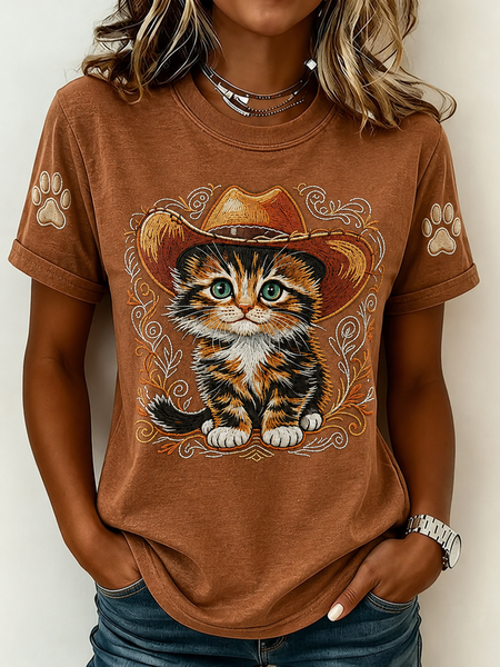 Women Cat Short Sleeve Tee T-shirt Crew Neck Casual Summer Top