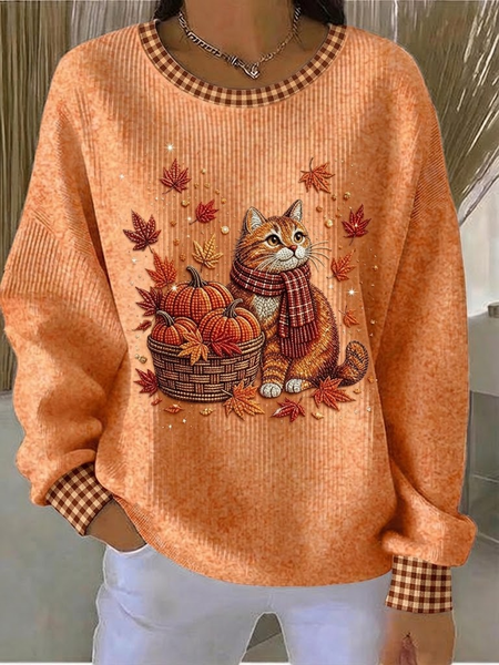 Women Cat Crew Neck Printing Casual Spring/Fall Long Sleeve Sweatshirt