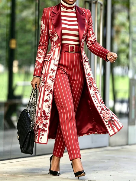 Urban Floral Striped Satin Lapel Long Sleeve Trench Blazer Coat