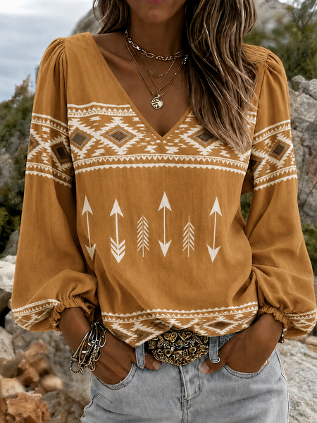 Women Ethnic Geometry V Neck Long Sleeve Blouse Vintage Daily Spring/Fall Top