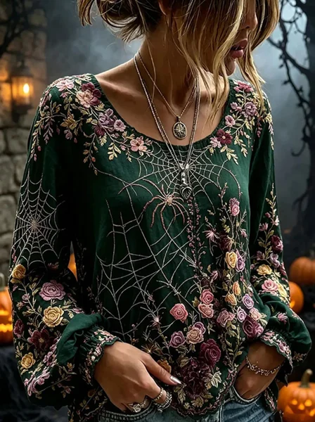 Women Floral Vintage Blouse Crew Neck Long Sleeve Printing Top