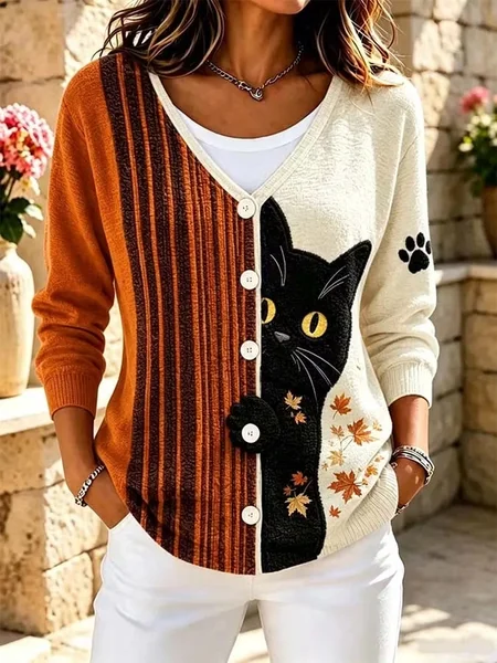 Regular Fit Cat V Neck Casual Knit Top