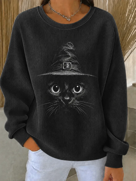 Women Cat Crew Neck Printing Casual Spring/Fall Long Sleeve Sweatshirt