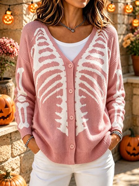 Women Skull Long Sleeve V Neck Casual Spring/Fall Cardigan Outerwear