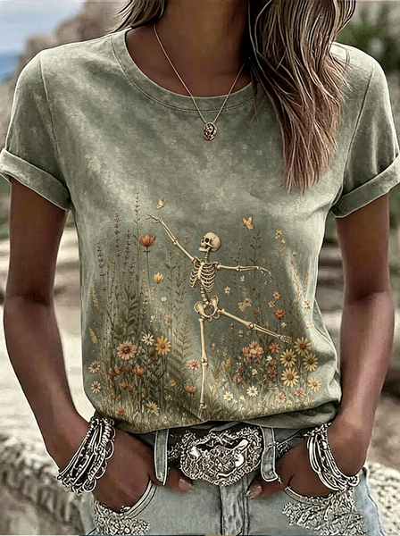 Casual Floral Crew Neck Short Sleeve T-shirt