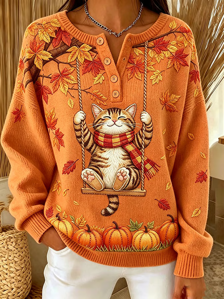Women Cat Crew Neck Printing Casual Spring/Fall Long Sleeve Sweatshirt