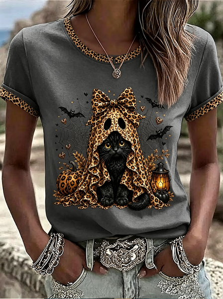 Women Leopard Short Sleeve Tee T-shirt Crew Neck Printing Casual Graphic Tee Summer Top