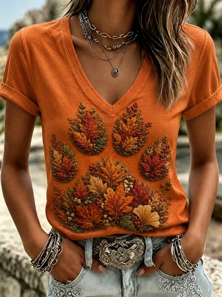 Women Maple Leaf Short Sleeve Tee T-shirt V Neck Vintage Summer Top