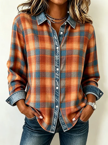 Women Plaid Shirt Collar Long Sleeve Shirt Buckle Regular Sleeve Casual Daily Spring/Fall Top