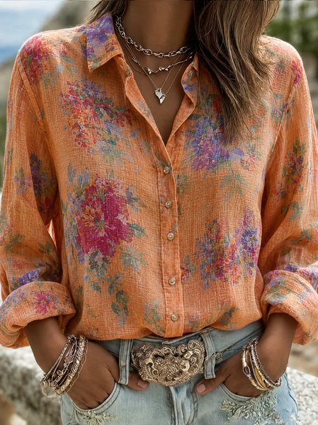 Women Floral Shawl Collar Long Sleeve Shirt Vintage Daily Spring/Fall Top