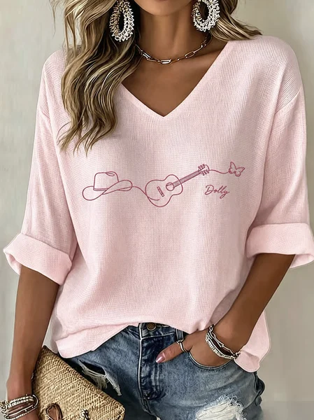 Women Guitar Half Sleeve Tee T-shirt V Neck Casual Summer Top