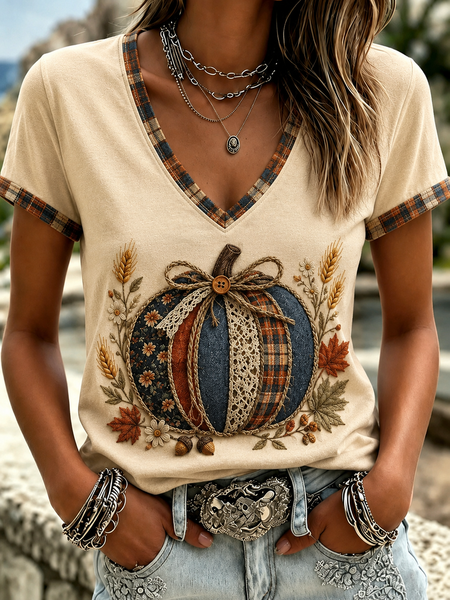 Women Plaid Short Sleeve Tee T-shirt V Neck Vintage Summer Top