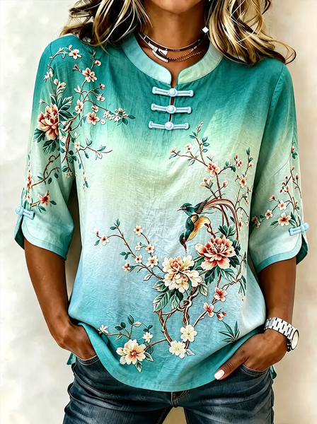 Women Floral Mandarin Collar Half Sleeve Blouse Printing Vintage Daily Summer Top 3 Women Floral Mandarin Collar Half Sleeve Blouse Printing Vintage Daily Summer Top
